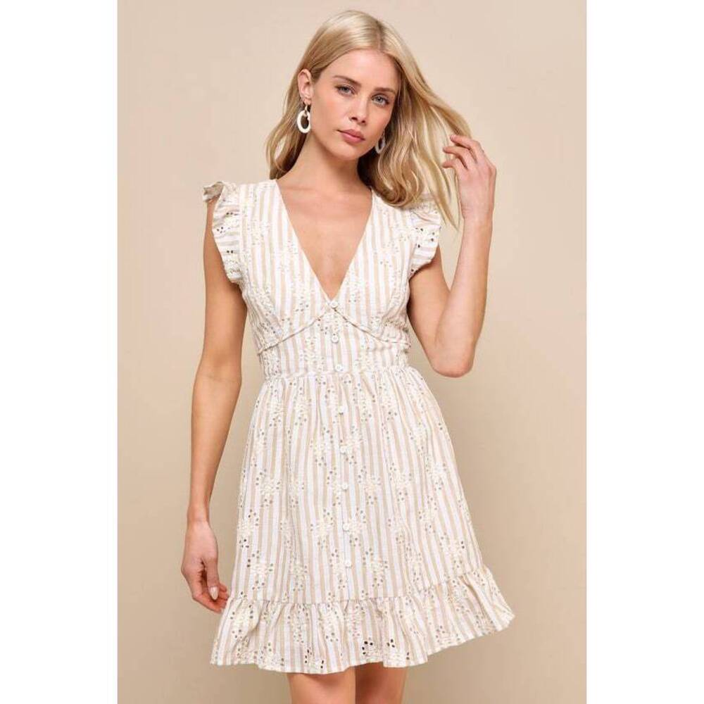 Lulus Sunny Crush Beige And Ivory Striped Embroidered Mini Dress Size S V neck